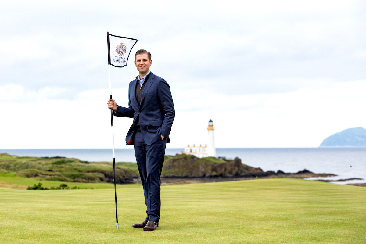 Eric F Trump, Exec Vice President of The Trump Organisation on the 8th green at the launch of the new King Robert The Bruce Golf Course at Trump Turnberry in Ayrshire.